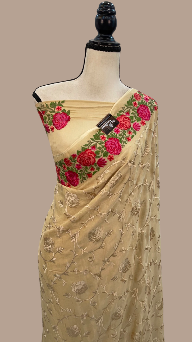 Pure Georgette Chikankari Handloom Banarasi Sare - The Handlooms