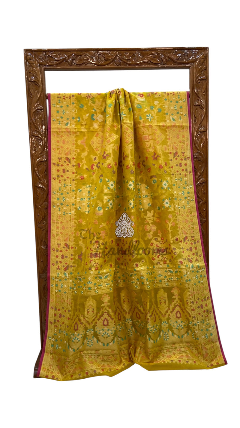 Pure Katan Silk Banarasi Handloom Saree - All Over Jaal Work With Meenakari