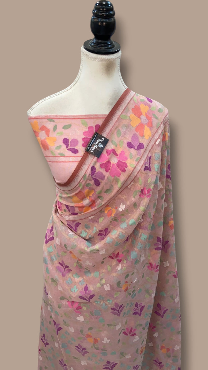 Real Zari Pure Cotton Jamdani Silk Banarasi Handloom Saree - All Over Kadiyal Jaal Work