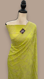 Lime Green Pure Georgette Chikankari Handloom Banarasi Saree - The Handlooms