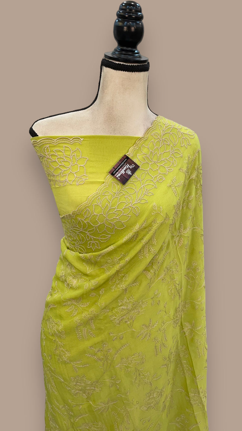 Lime Green Pure Georgette Chikankari Handloom Banarasi Saree - The Handlooms