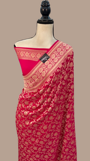 Hot Pink Pure Khaddi Georgette Banarasi Saree -  Gold zari - The Handlooms