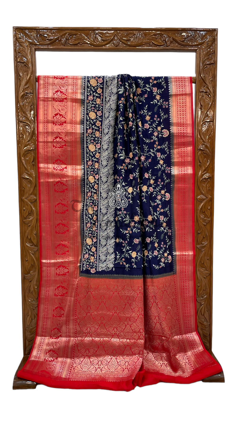 Pure Chiniya Silk Handloom Banarasi Saree with Chikankari - The Handlooms