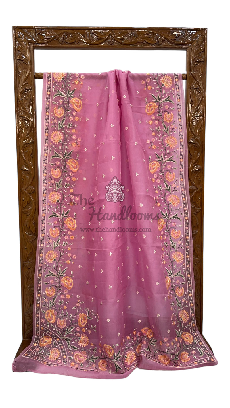 Pink Pure Organza Chikankari Handloom Banarasi Saree - The Handlooms