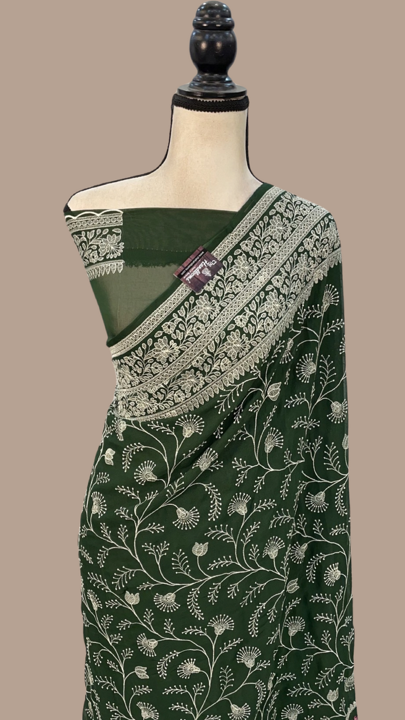 Pure Georgette Chikankari Handloom Banarasi Saree - The Handlooms
