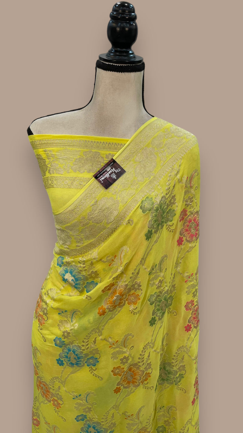 Yellow Khaddi Georgette Handloom Banarasi Saree - All over Jaal Work With Meenakari - The Handlooms