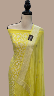 Yellow Pure Khaddi Georgette Banarasi Dress material - The Handlooms