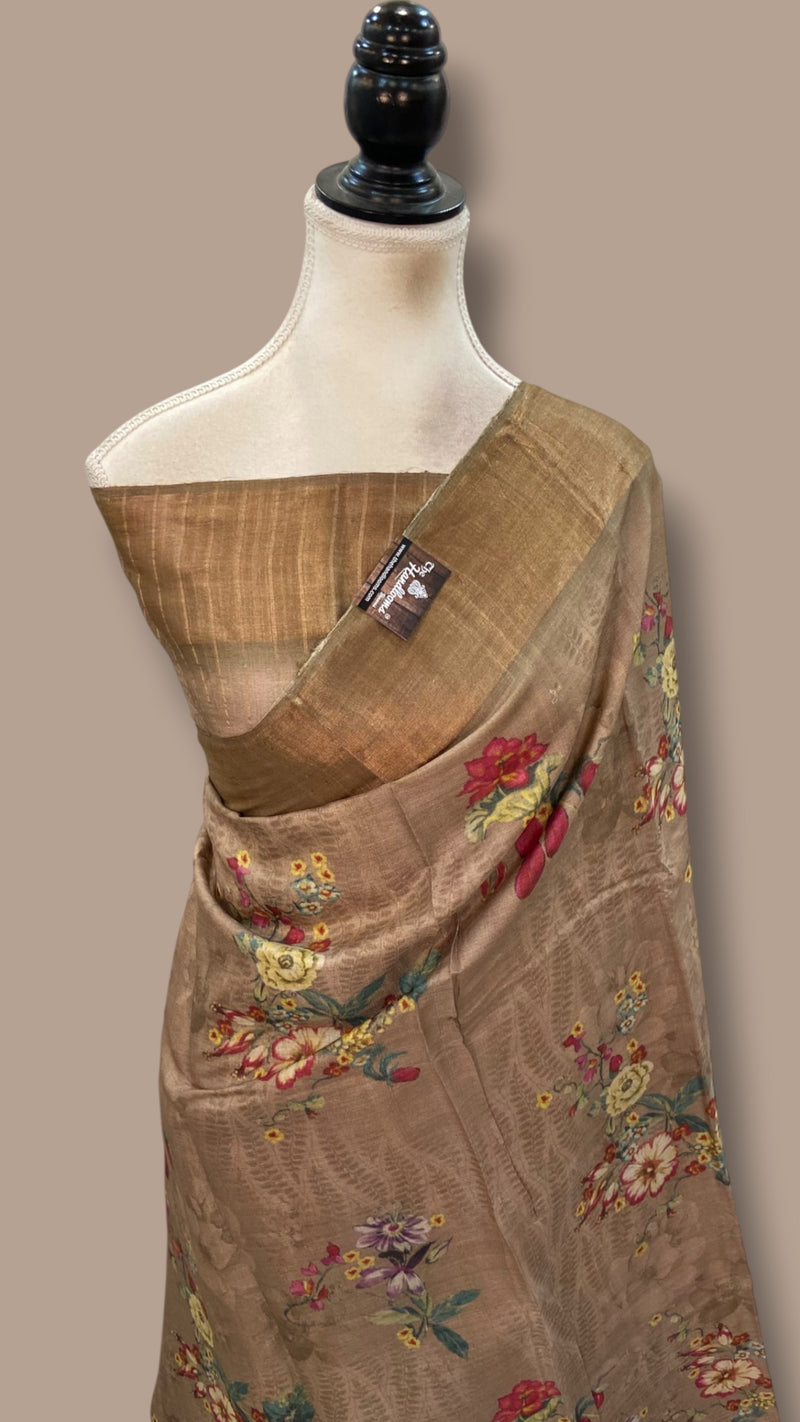 Pure Tussar Silk Handloom Banarasi Saree With Digital Print