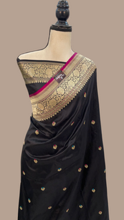 Black Pure Katan Silk Banarasi Handloom Saree - All over Kadua motifs With Meenakari - The Handlooms