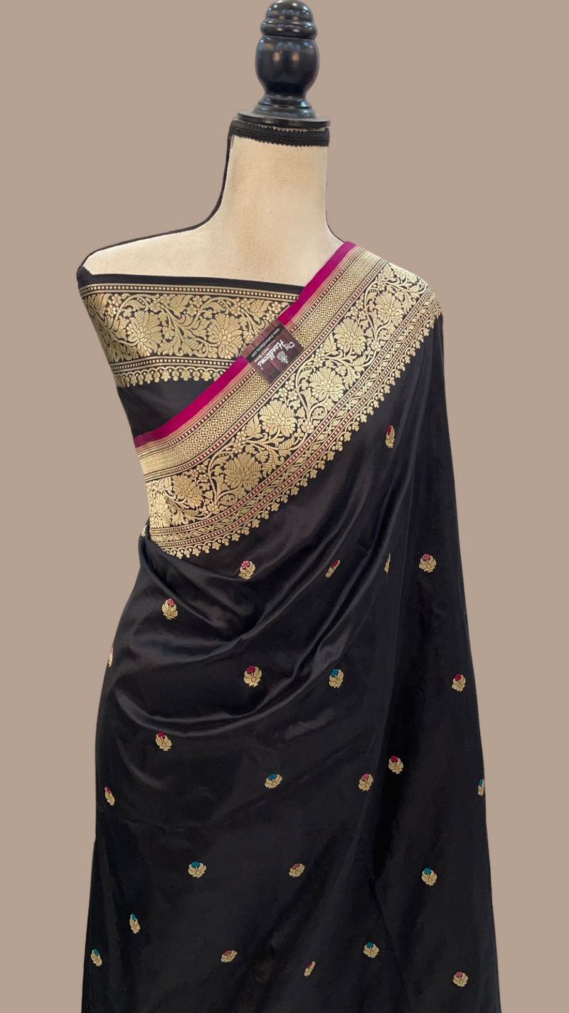 Black Pure Katan Silk Banarasi Handloom Saree - All over Kadua motifs With Meenakari - The Handlooms