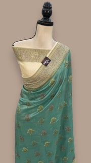 Turquoise Pure Butter Crepe Banarasi Saree - The Handlooms