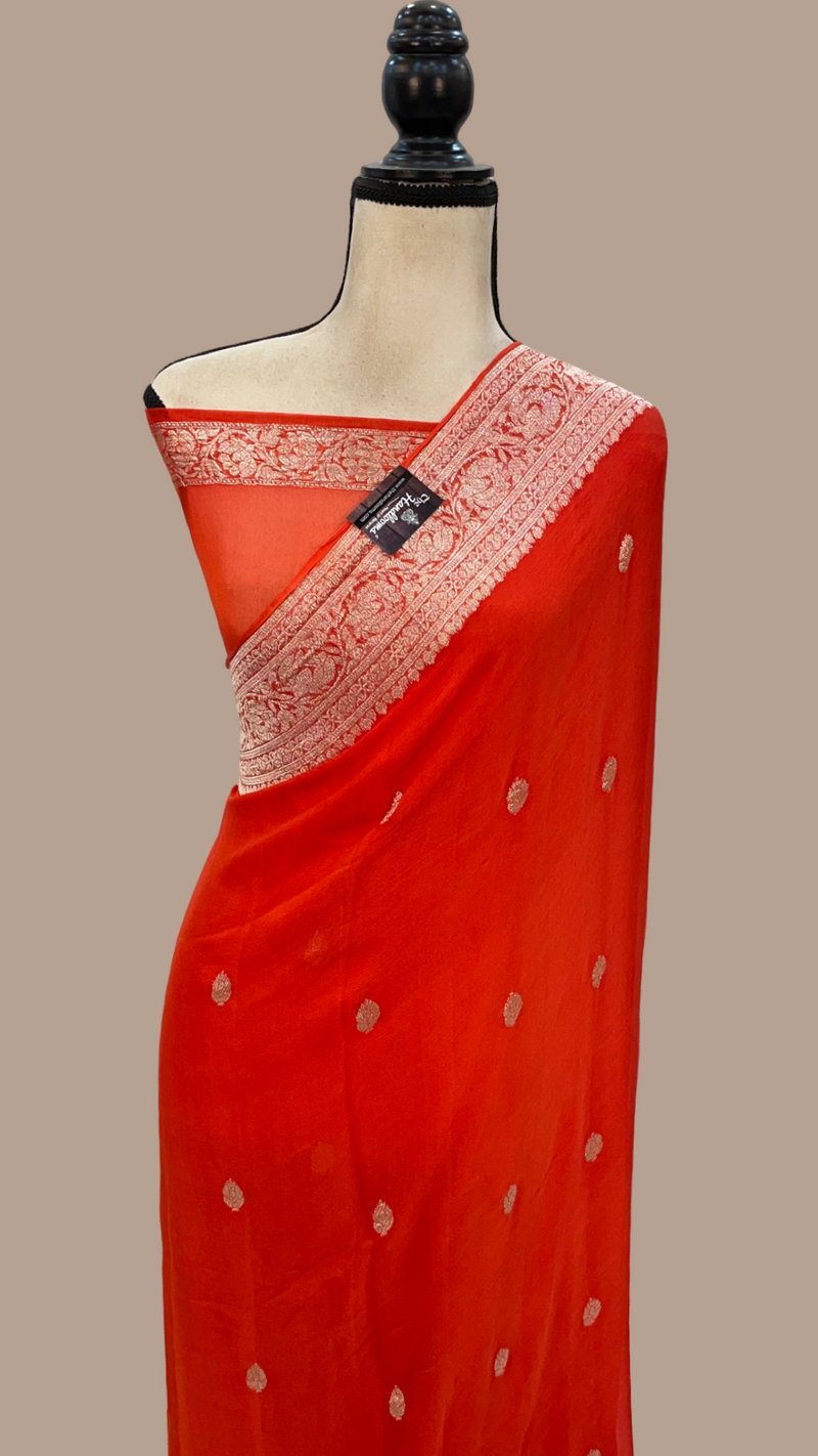 Pure Georgette Banarasi Handloom Saree - Orange - The Handlooms