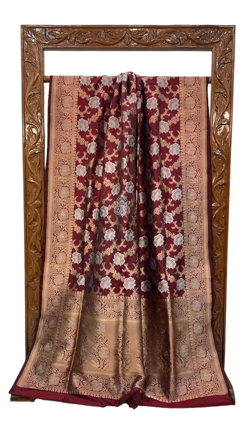 Pure Katan Silk Banarasi Handloom Saree - All over Sona Roopa Jaal work - The Handlooms