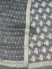 Mouse Grey Khaddi Georgette Banarasi Dress material - The Handlooms