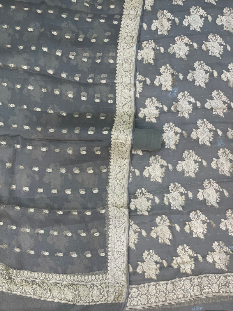 Mouse Grey Khaddi Georgette Banarasi Dress material - The Handlooms
