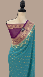 Dual Shade Khaddi Georgette Handloom Banarasi Saree - Gold Zari - The Handlooms