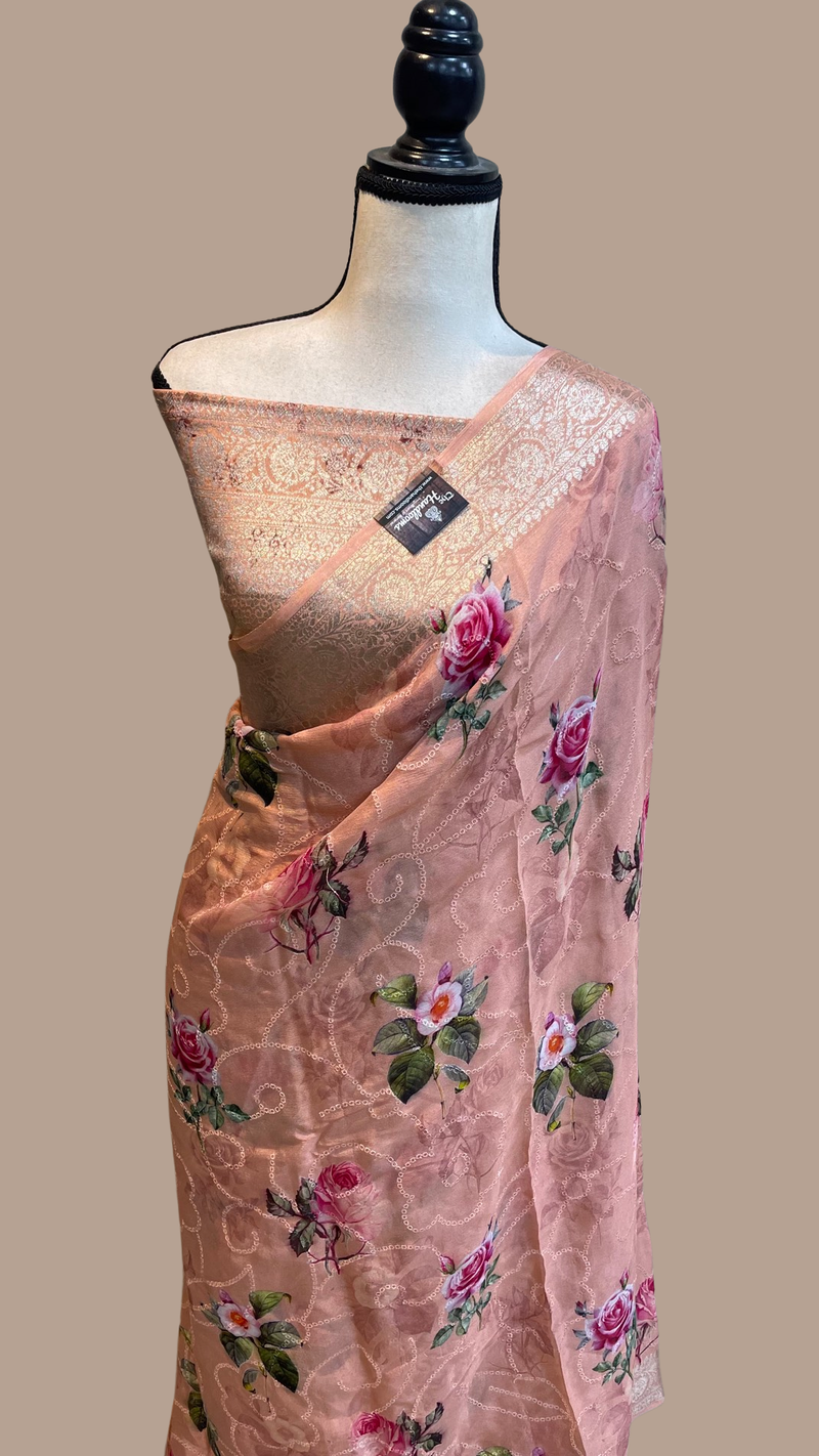 Pure Georgette  Digital Print with Chikankari Handloom Banarasi Saree - The Handlooms