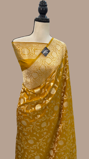 Mustard Yellow Pure Katan Silk Banarasi Handloom Saree - All Over Jaal Work - The Handlooms