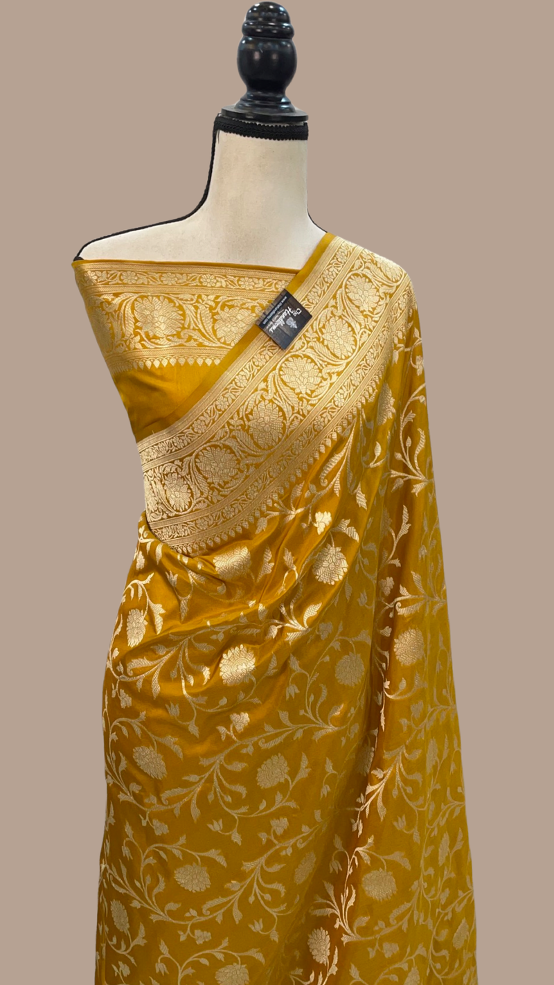 Mustard Yellow Pure Katan Silk Banarasi Handloom Saree - All Over Jaal Work - The Handlooms