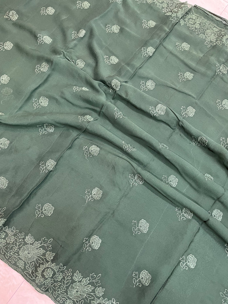 Pure Georgette Chikankari Handloom Banarasi Saree - The Handlooms