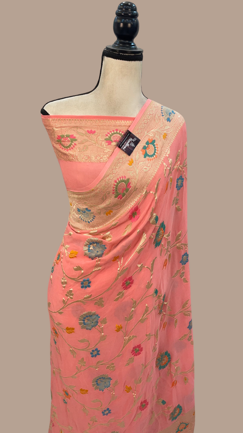 Peach Khaddi Georgette Handloom Banarasi Saree - All over Jaal Work With Meenakari - The Handlooms