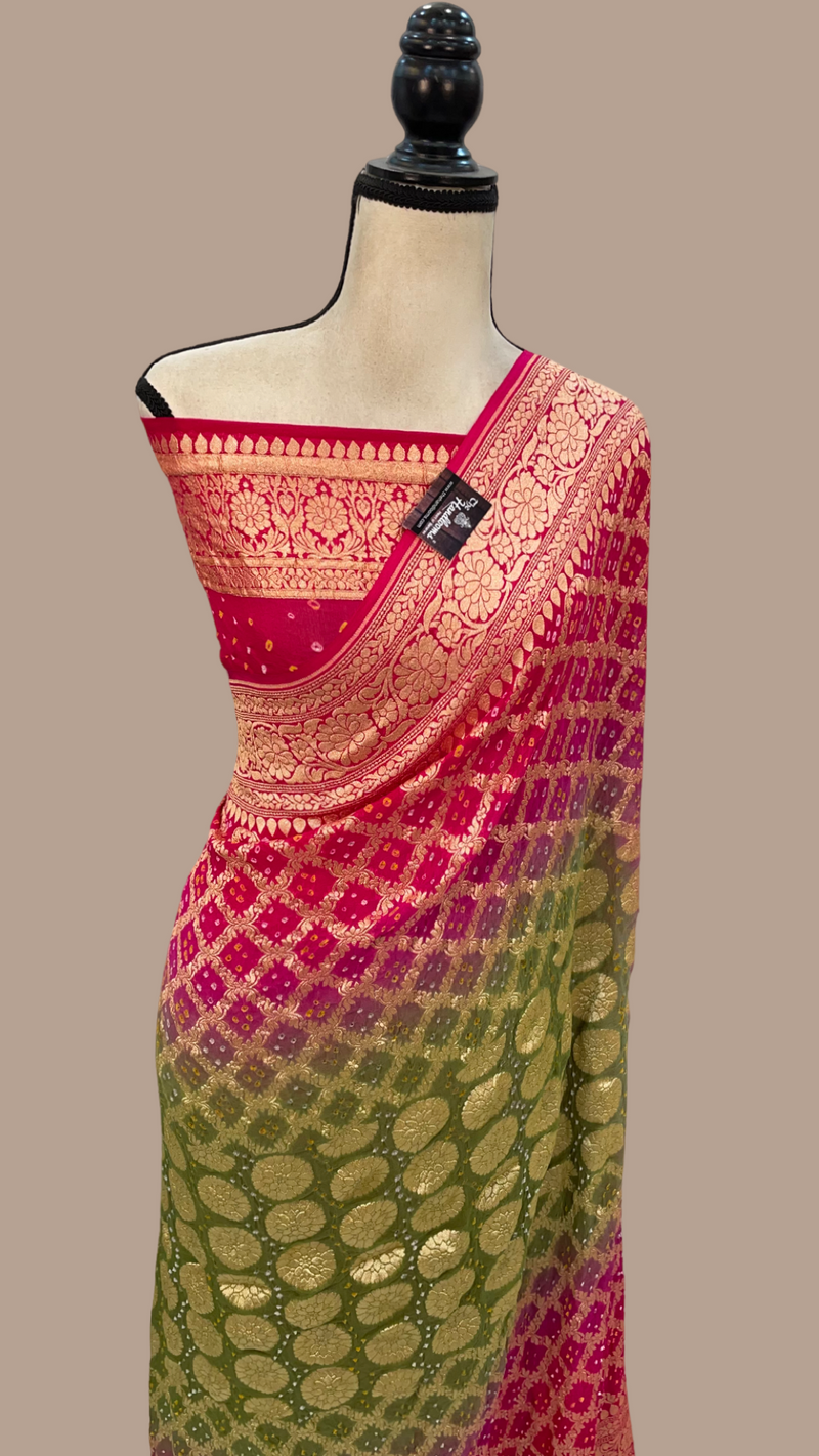 Dual Shade Pure Georgette Banarasi Bandhej Handloom Saree - The Handlooms