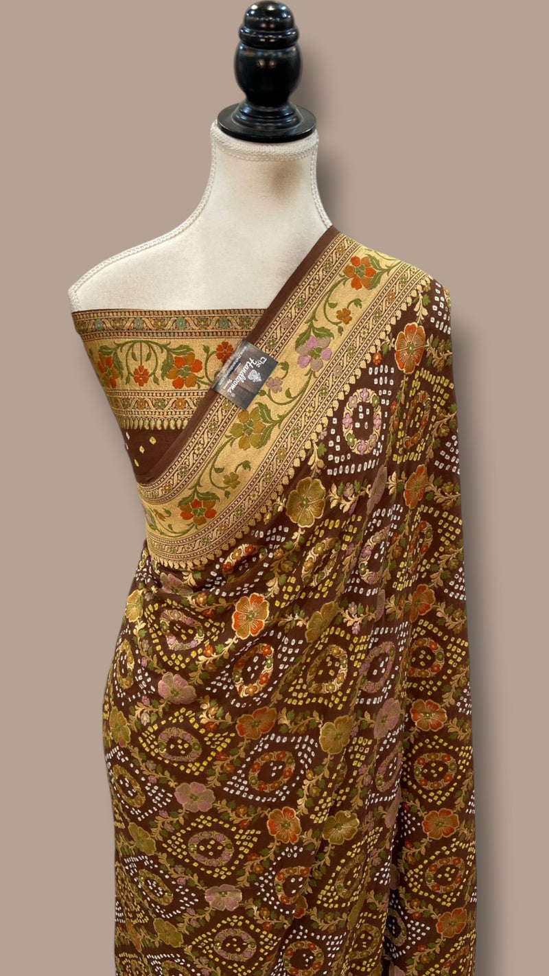 Pure Georgette Banarasi Bandhej Handloom Saree - Meenakari