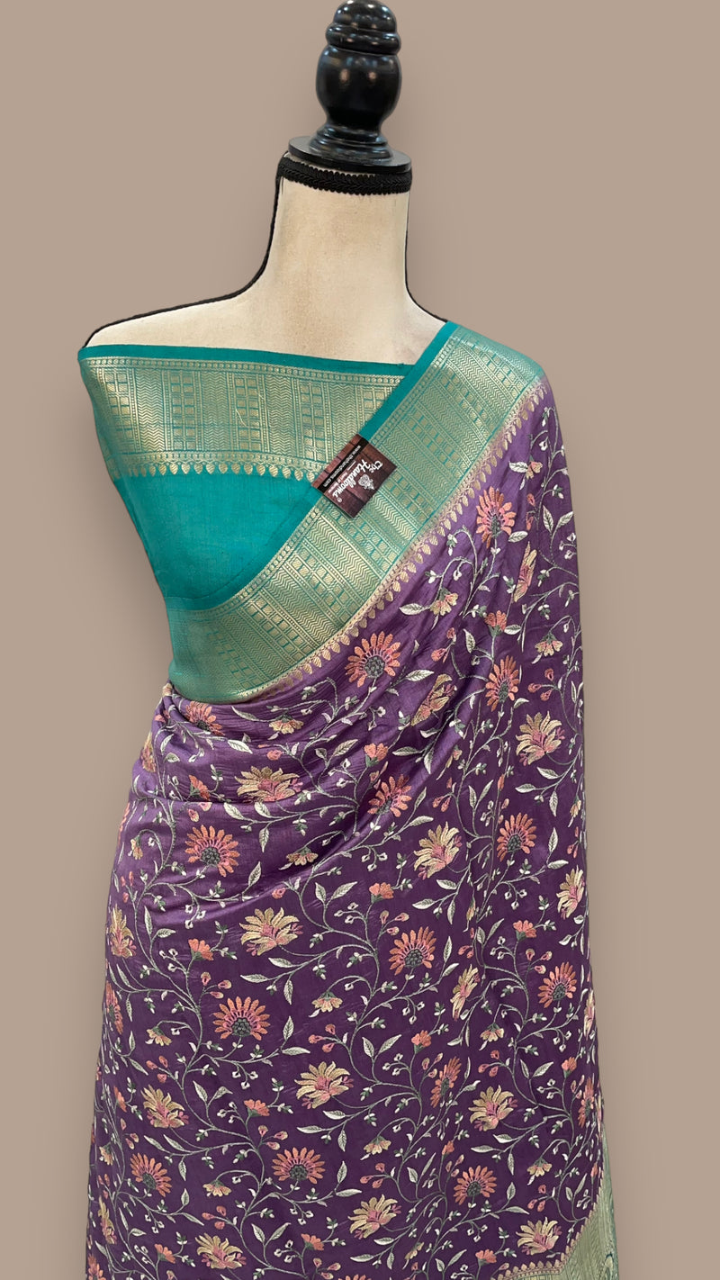 Pure Chiniya Silk Handloom Banarasi Saree with Chikankari - The Handlooms