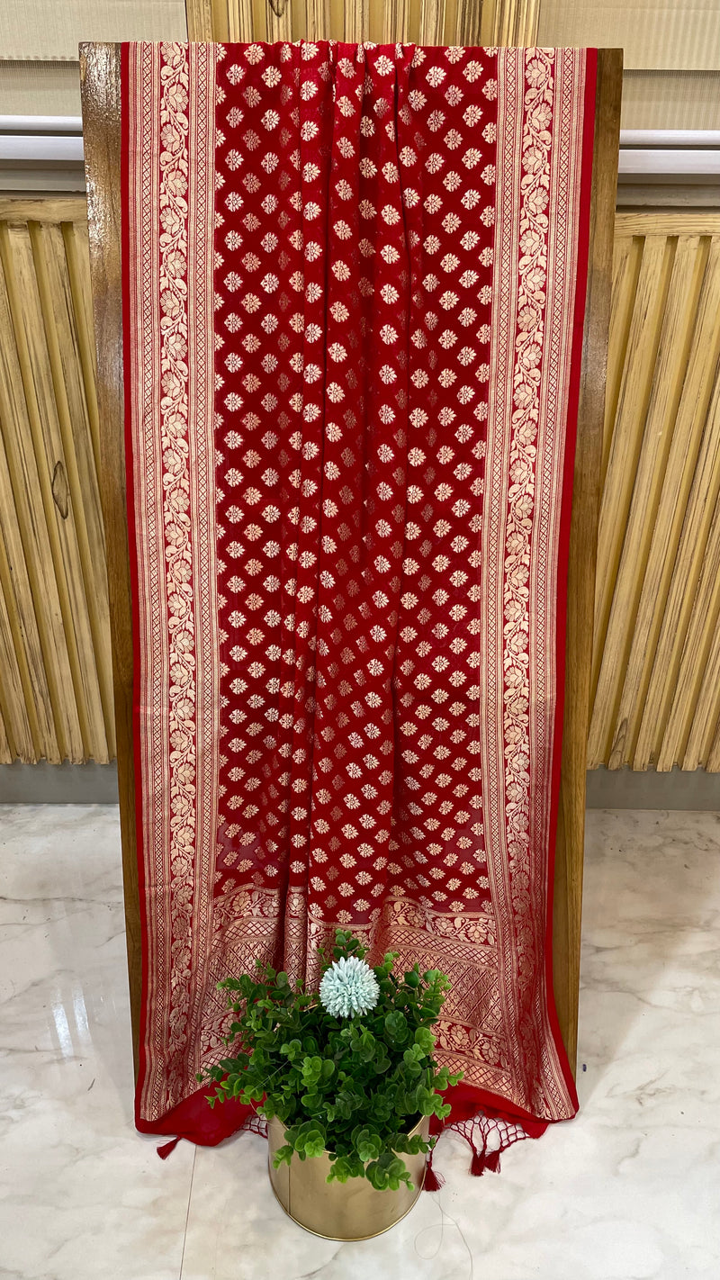 Red Pure Khaddi Georgette Dupatta - water zari - The Handlooms