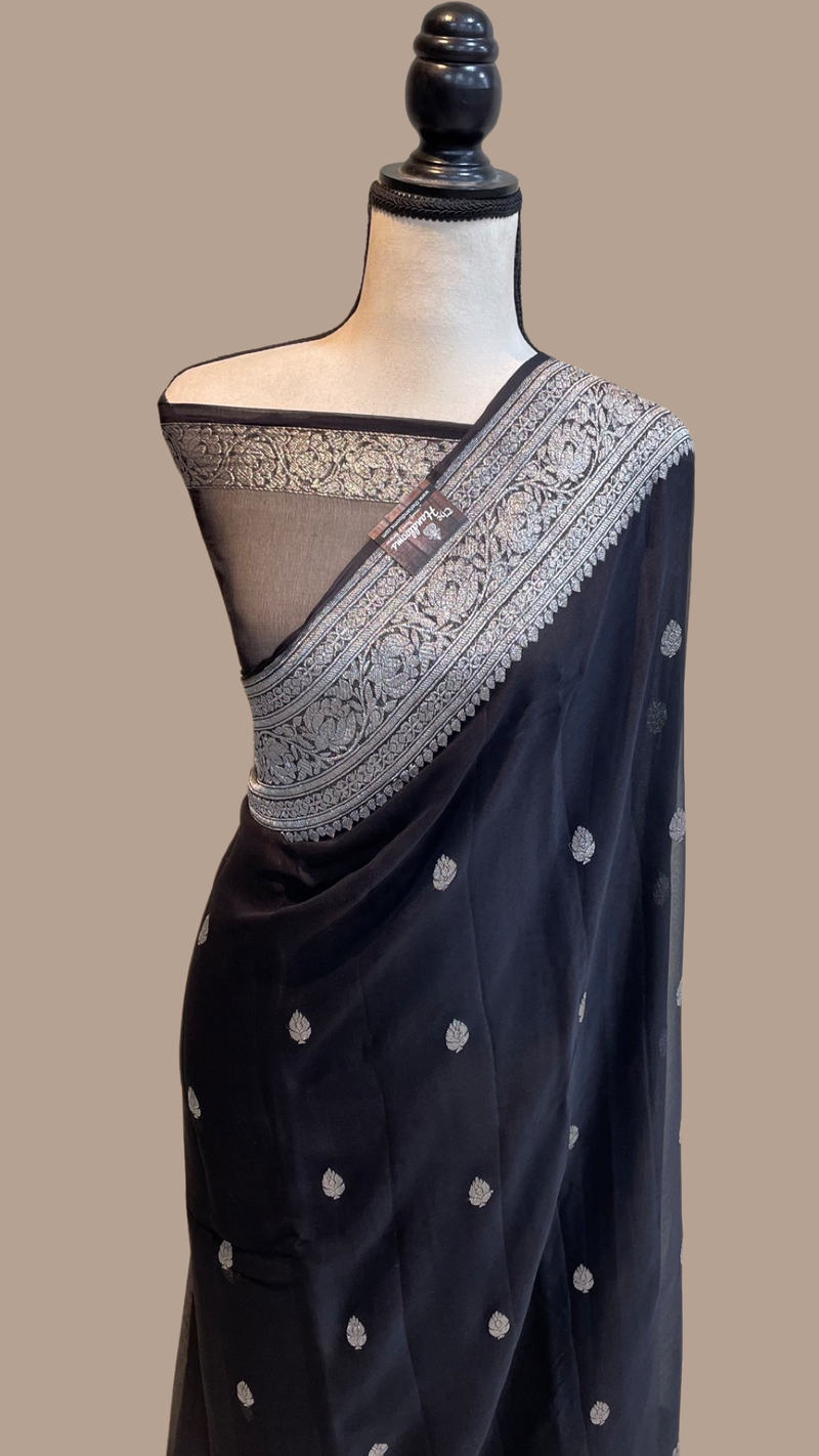 Black Pure Georgette Banarasi Saree - The Handlooms