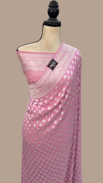 Pink Khaddi Georgette Banarasi Saree with all silver zari motifs
