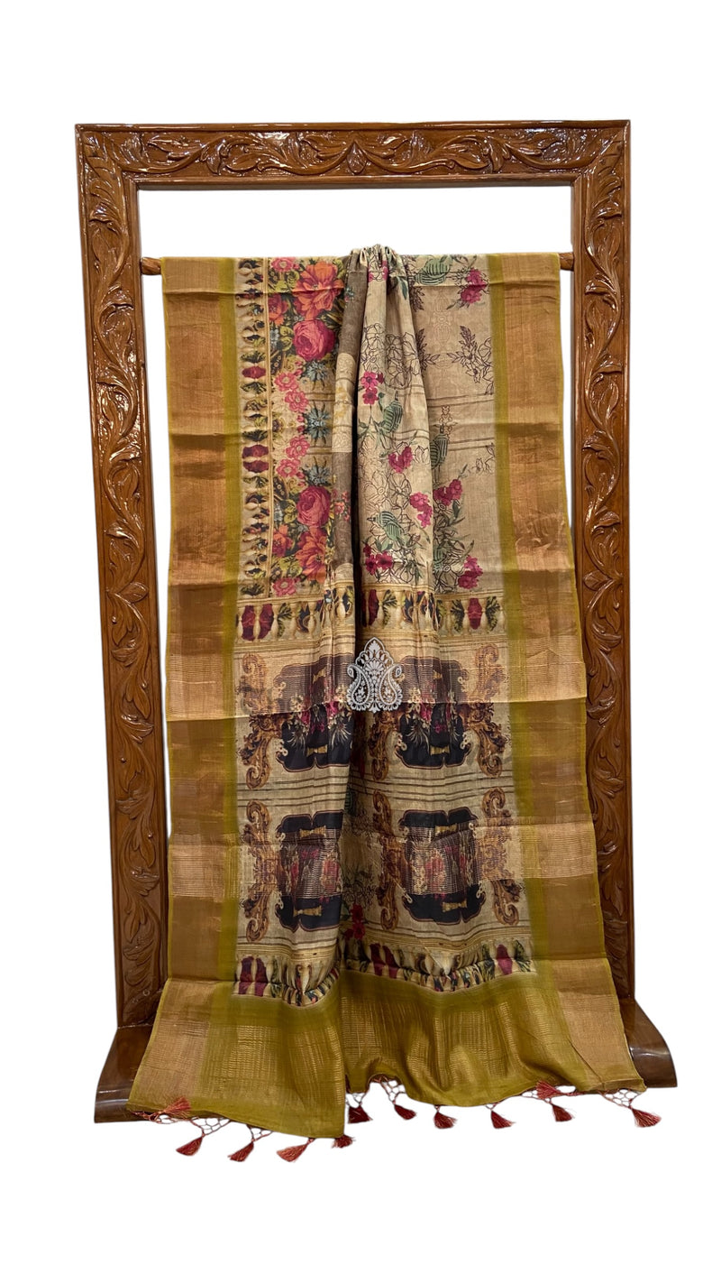 Pure Tussar Silk Handloom Banarasi Saree With Digital Print