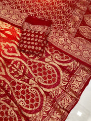 Pure Khaddi Georgette Bandhani Handloom Banarasi Lehenga - The Handlooms