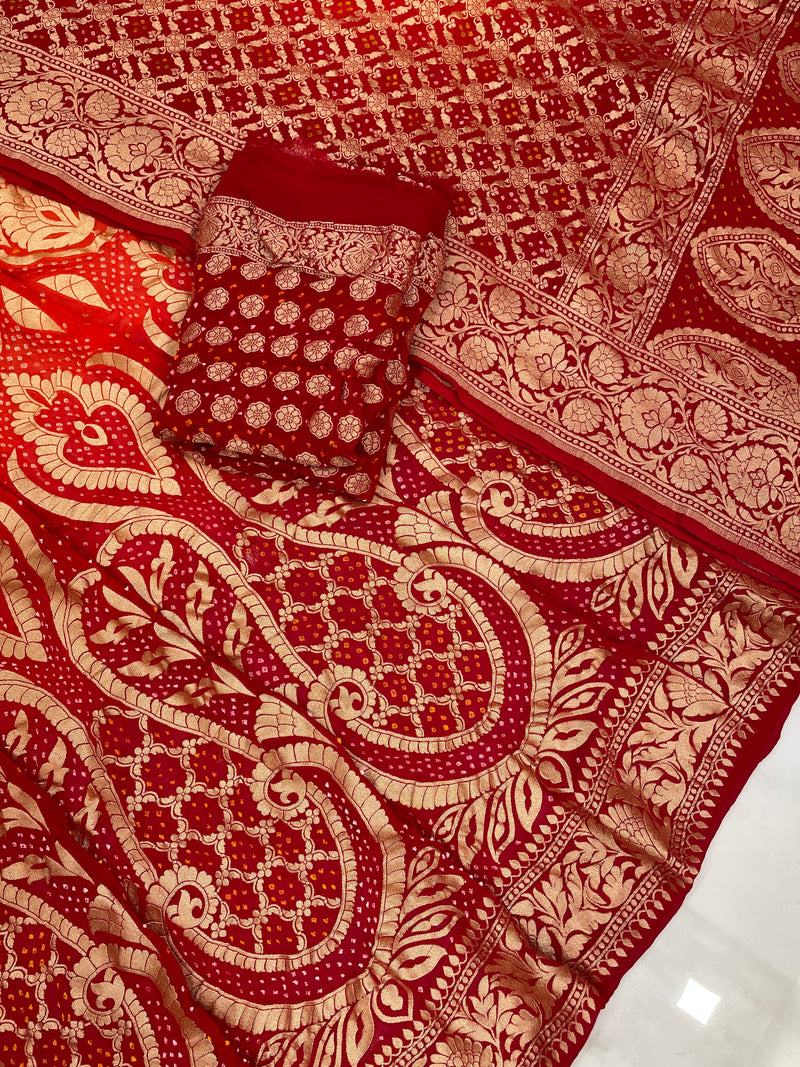 Pure Khaddi Georgette Bandhani Handloom Banarasi Lehenga - The Handlooms