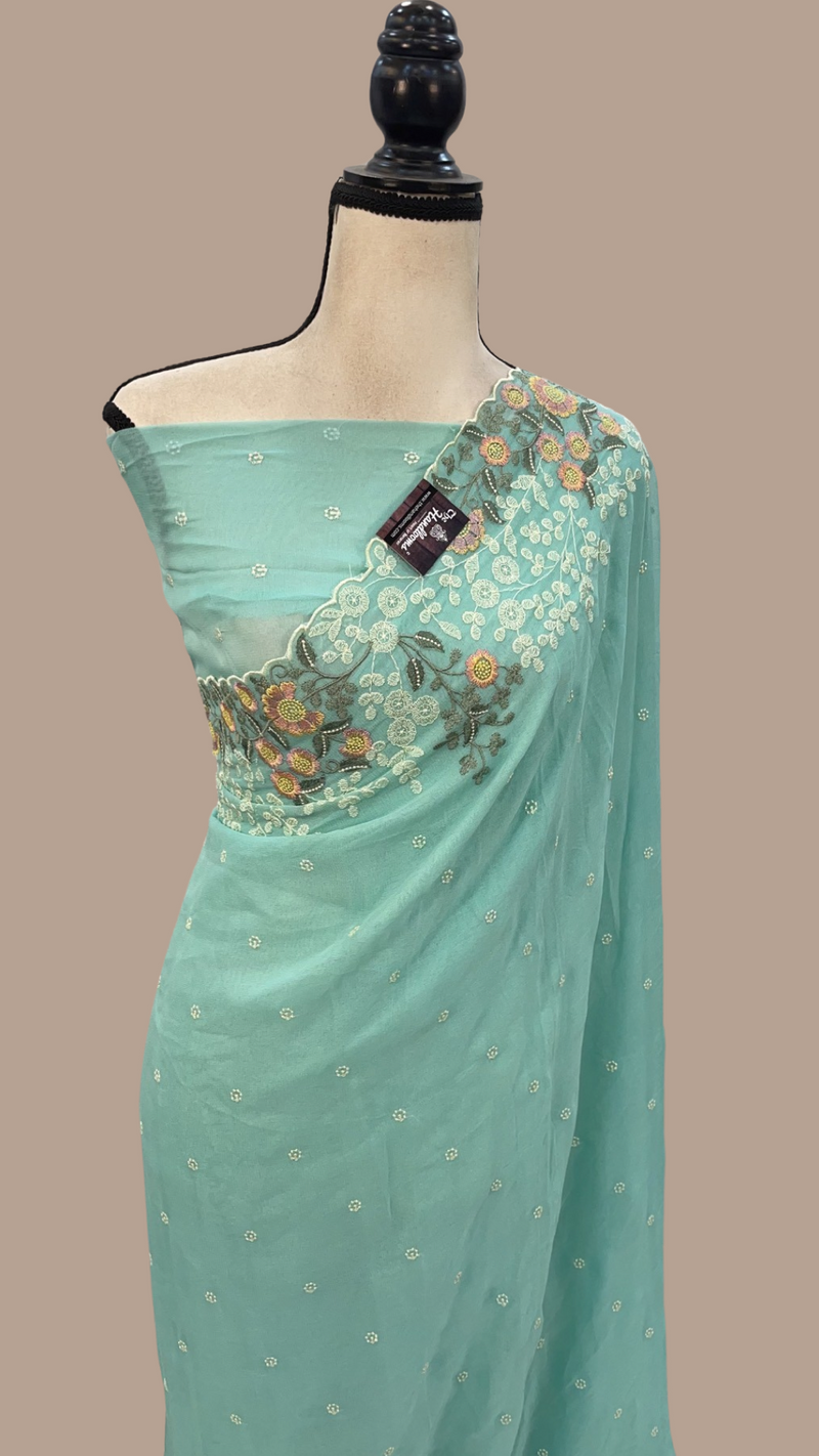 Pure Georgette Chikankari Handloom Banarasi Saree - The Handlooms