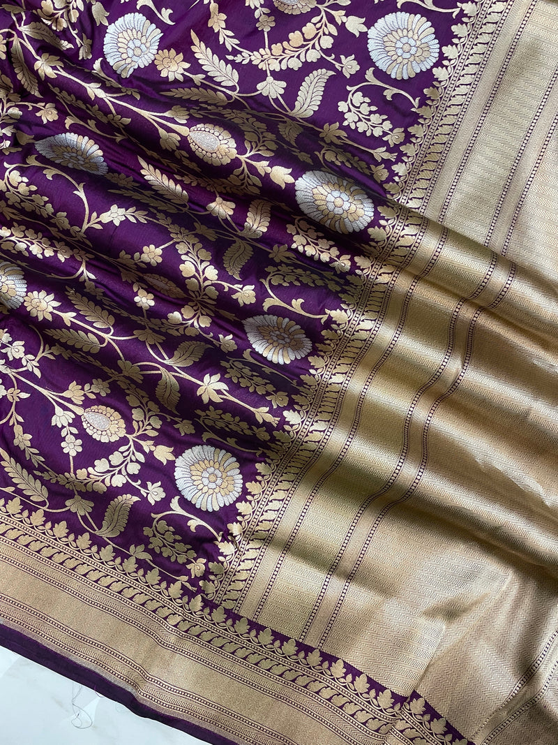 Pure Katan Silk Banarasi Handloom Saree - All over Sona Roopa Jaal work - The Handlooms