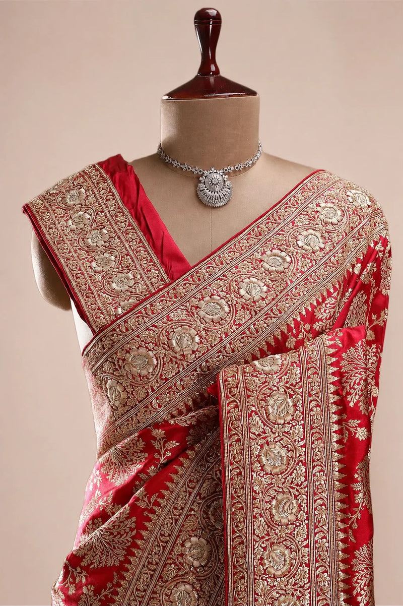 Pure Katan Silk Banarasi Handloom Saree with Zardozi Gota Patti Handwork