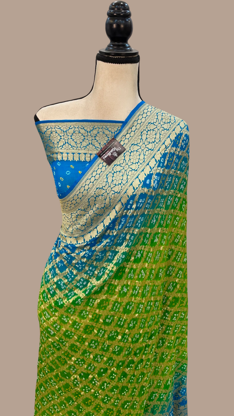 Dual Shade Pure Georgette Banarasi Bandhej Handloom Saree - The Handlooms