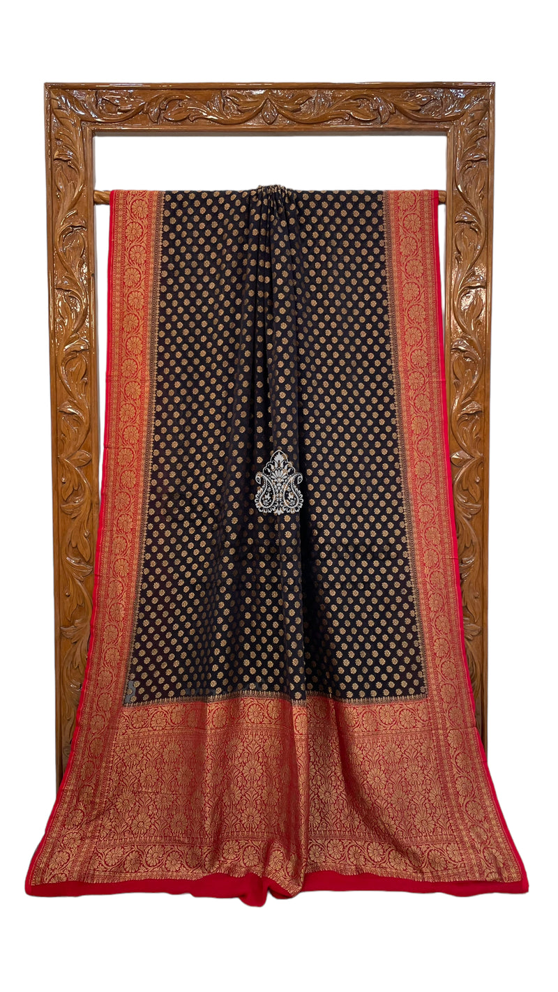 Black Pure Khaddi Georgette Handloom Banarasi Saree - The Handlooms