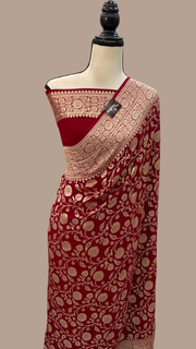 Maroon Khaddi Georgette Handloom Banarasi Saree - The Handlooms