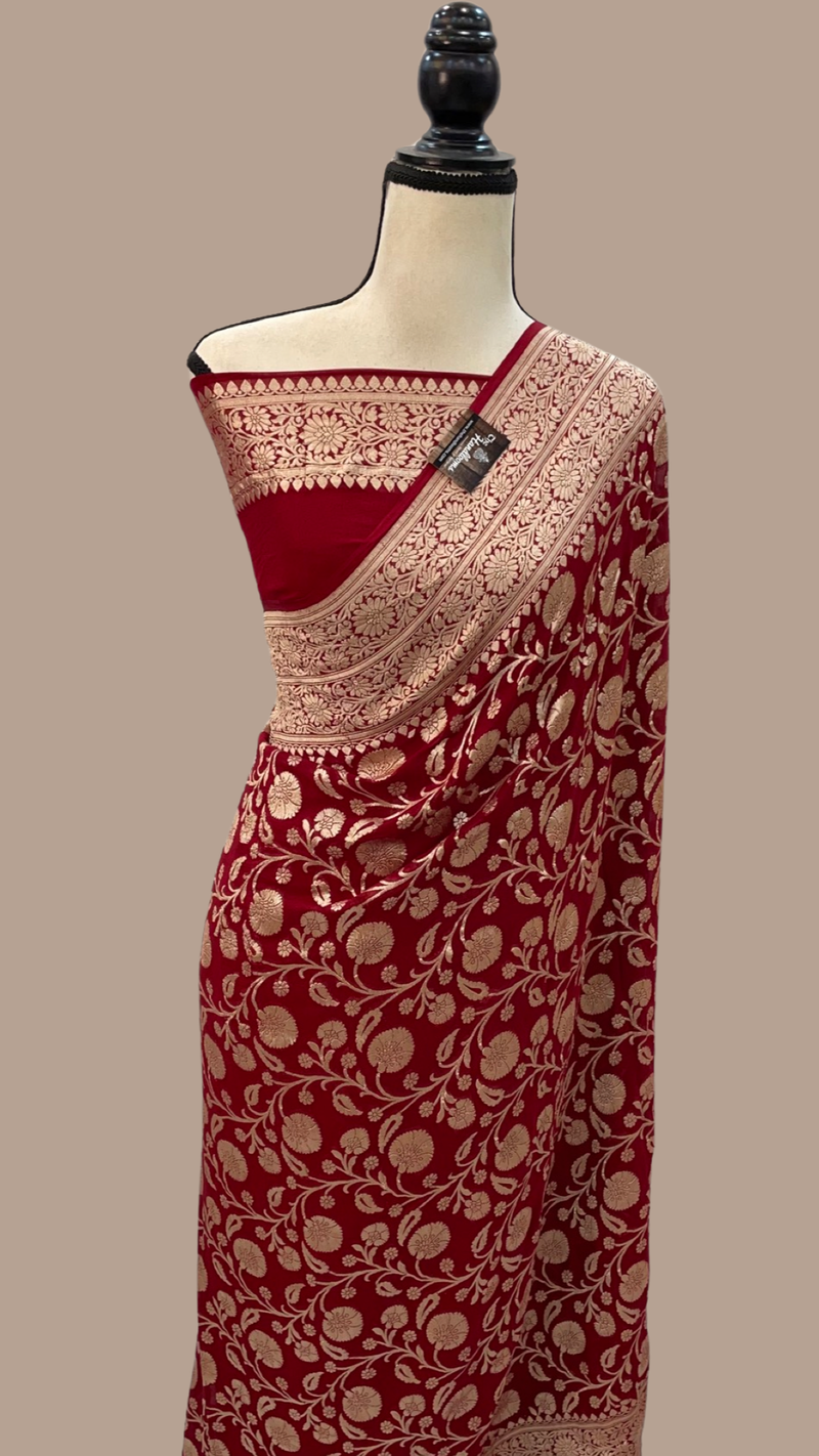 Maroon Khaddi Georgette Handloom Banarasi Saree - The Handlooms