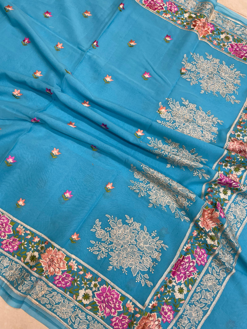 Pure Georgette Chikankari Handloom Banarasi Saree - The Handlooms