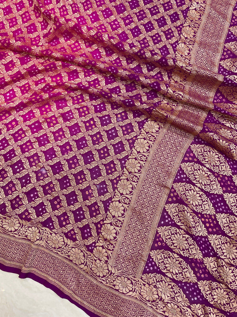 Dual Shade Pure Georgette Banarasi Bandhej Handloom Saree - The Handlooms