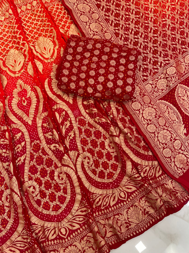 Pure Khaddi Georgette Bandhani Handloom Banarasi Lehenga - The Handlooms