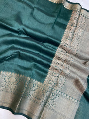 Pure linen Banarasi Basil Green Saree - The Handlooms