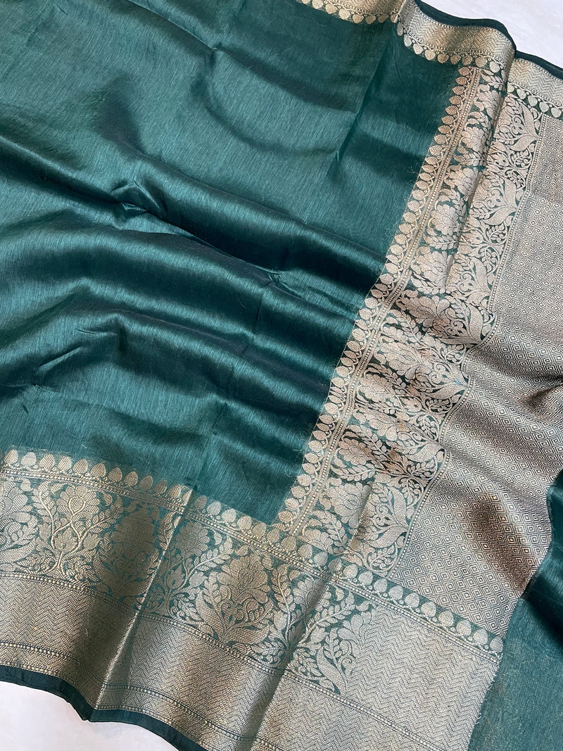 Pure linen Banarasi Basil Green Saree - The Handlooms