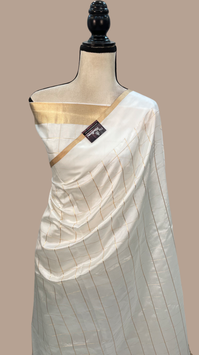 White Pure Katan Silk Banarasi Handloom Saree - The Handlooms