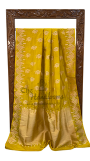 Mustard Yellow Pure Katan Silk Banarasi Handloom Saree - All over Jaal work with Meenakari - The Handlooms