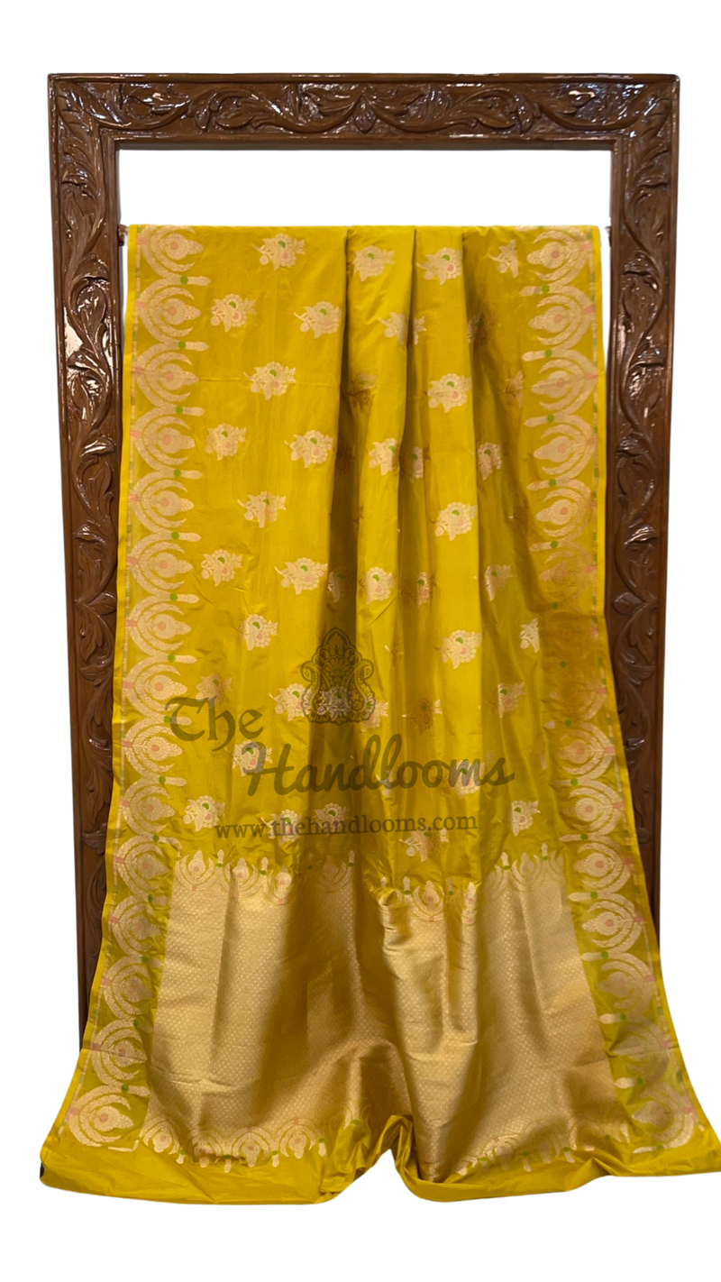 Mustard Yellow Pure Katan Silk Banarasi Handloom Saree - All over Jaal work with Meenakari - The Handlooms