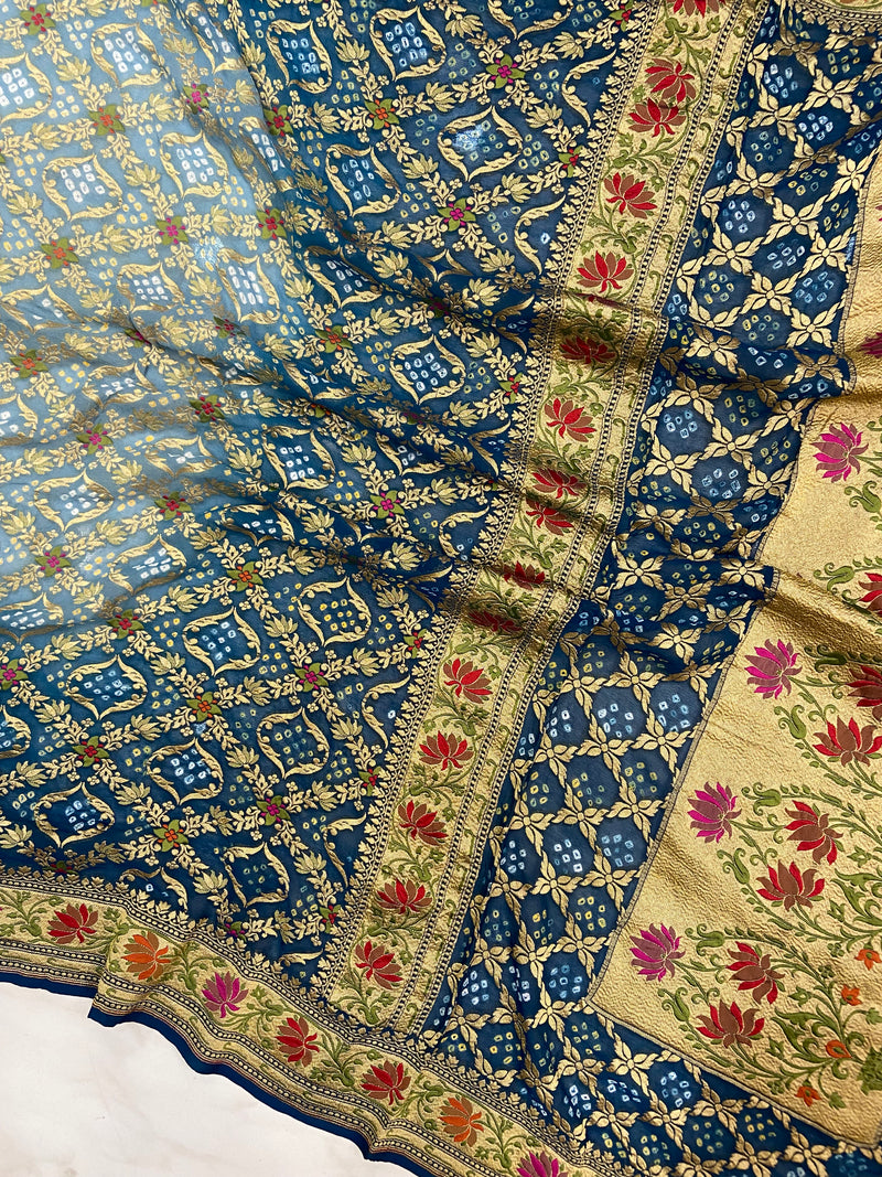 Pure Georgette Banarasi Bandhej Handloom Saree - Meenakari